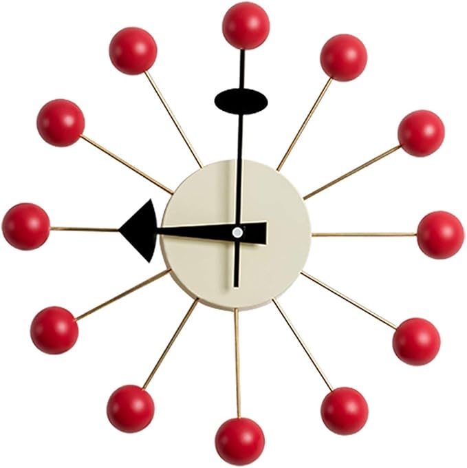 SHISEDECO Mid Century Painted Solid Wood Non Ticking Decorative Modern Silent Wall Clocks Retro Design for Home, Kitchen, Living Room, Office etc.,(Ball Clock in Red)