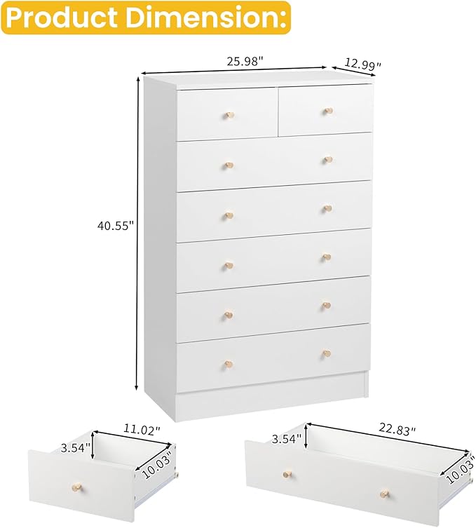 Karl home White 7 Drawer Dresser for Bedroom, Tall Dresser Chest of Drawers, Wood Bedroom Dressers Clothes Organizer, Anti-Tipping Device, Rose Gold Metal Handle, Living Room, Entryway, Office