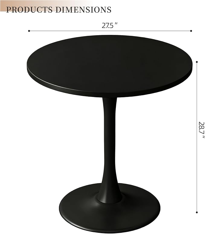 Round Dining Table 27.5" Circle Tulip Table with Wood Thickened Tabletop & Sturdy Metal Pedestal Mid Century Modern Leisure Bistro Kitchen Tables 4 People Small Places Living Room Cafe,Black