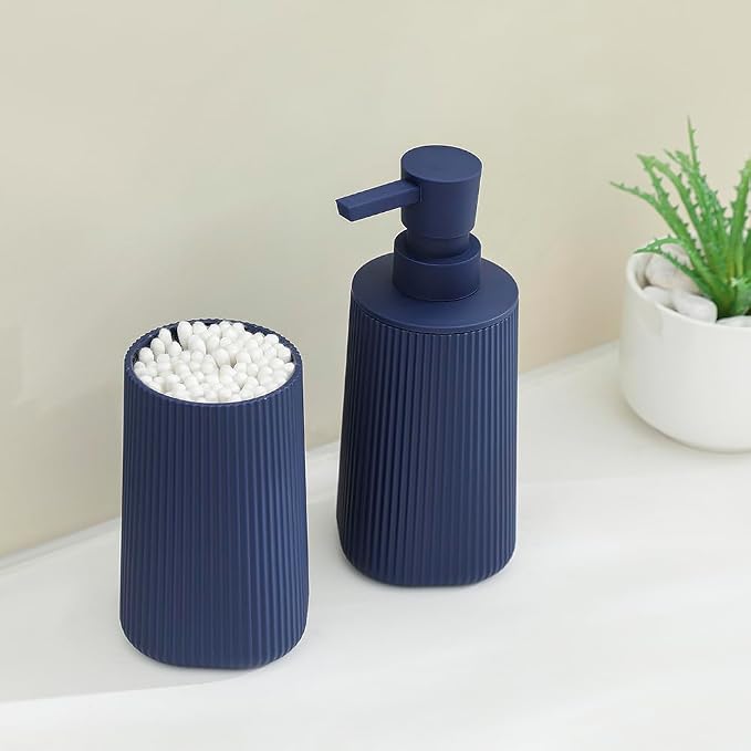 YAUKPH Bathroom Accessories Set 2 Piece Soap Dispenser and Toothbrush Holder for Bathroom Countertop Striped Blue