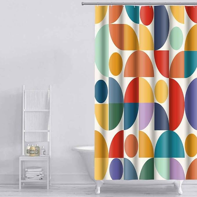 Vintage Colorful Rainbow Mid Century Shower Curtain Modern Abstract Geometric Art Bathroom Curtain Decor 48x72 Inch Washable Fabric Bright Retro Boho Circle Patterned Bath Curtain with 8 Hooks