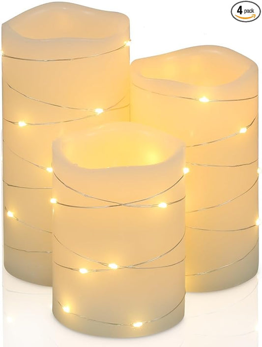 H-BLOSSOM Flickering Flameless Candles Ivory Real Wax Pillar with Embedded String Lights LED Candles Battery Operated with Cycling 5H Timer Set of 3 (3" x 4"/5"/6") (Ivory)
