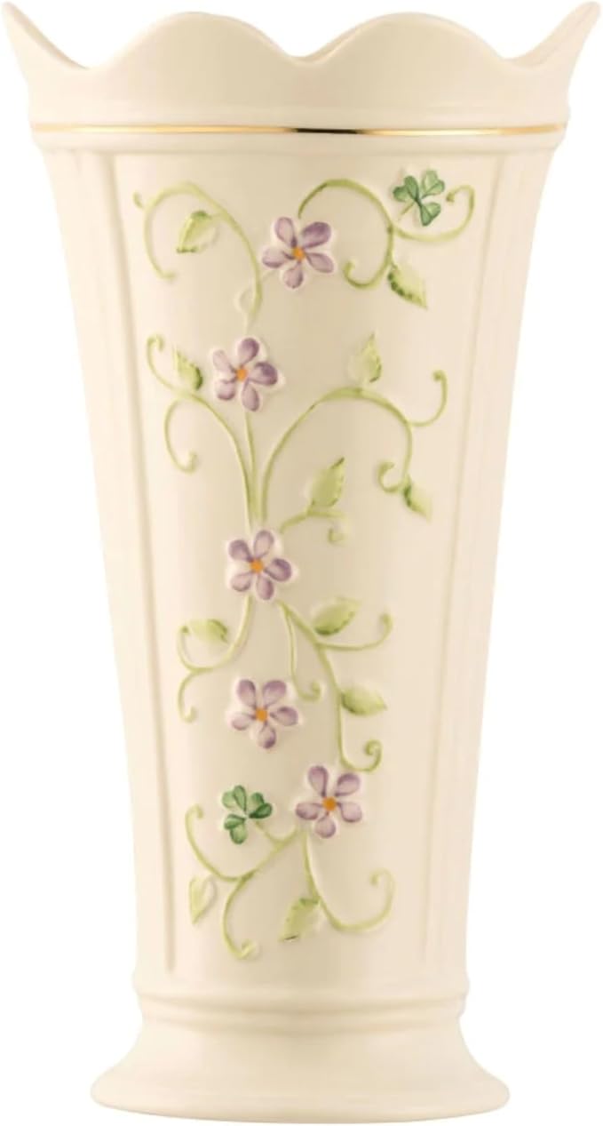 Belleek Irish Flax Vase - White Flower Vase Handcrafted Fine Parian China Irish Decor, 6" W x 9.5" H