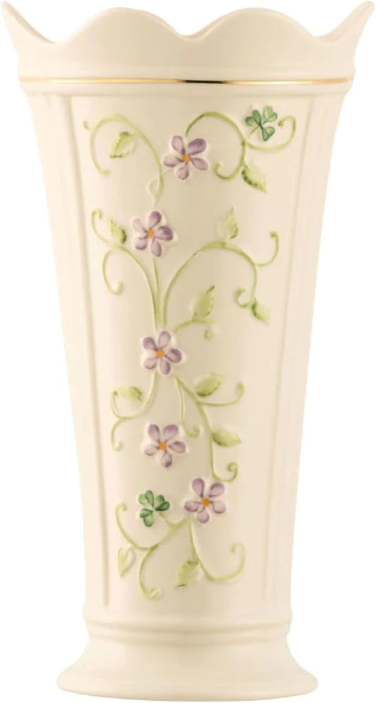 Belleek Irish Flax Vase - White Flower Vase Handcrafted Fine Parian China Irish Decor, 6" W x 9.5" H