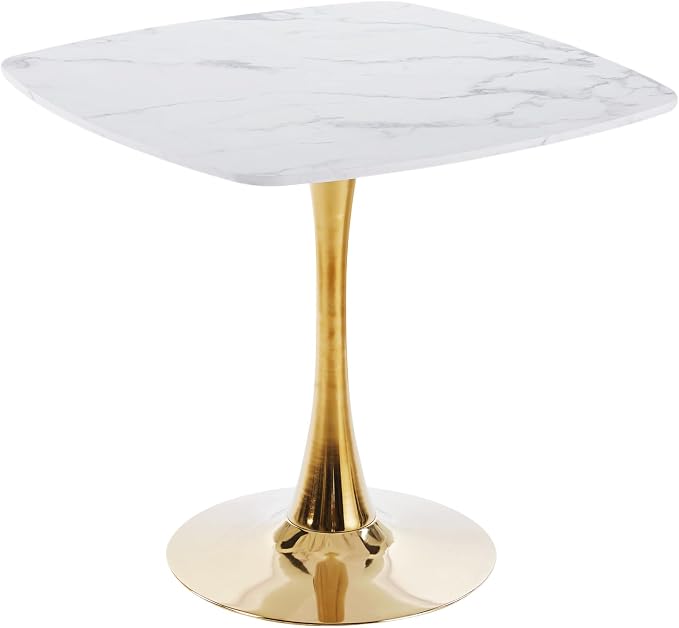 31.5 Inch Square Dining Table for 2 to 4 Person Mid Century Modern Tulip Table with Metal Pedestal Base Thick MDF Top for Apartment Kitchen Bistro Office, White and Golden