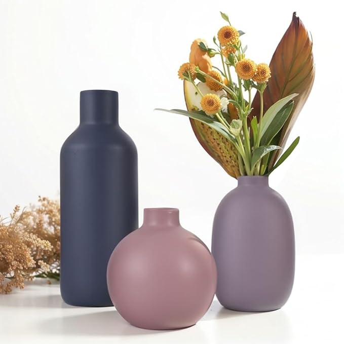 Ceramic Vase Set of 3, Modern Neutral Vases for Home Decor, Purple Gray Blue Pottery Vases for Pampas Grass, Dried or Fresh Flowers, Decorative Vase for Table, Shelf, Kitchen, Living Room, Bedroom