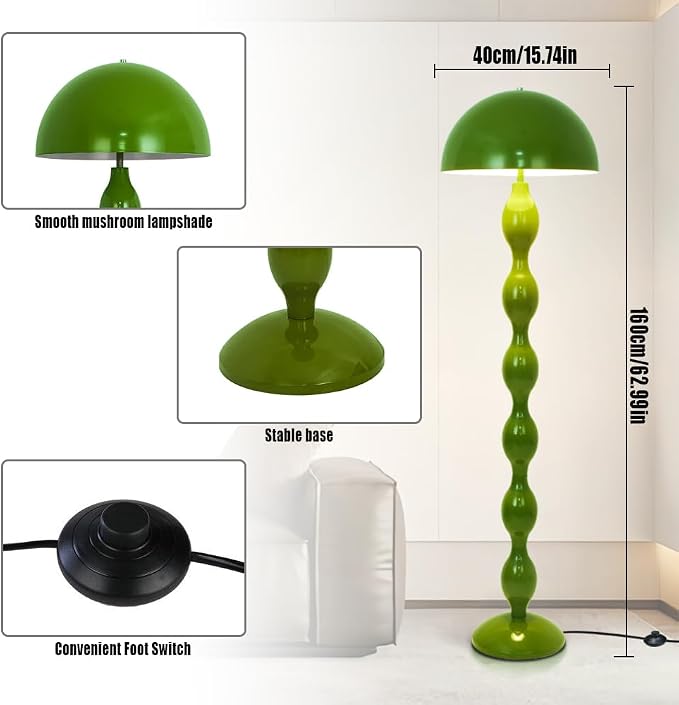 Green Floor Lamp Mushroom Lampshade,Vintage Floorlamp,Unique Lamps for Living Room Bedroom,Retro Tall Standing Lamp for Study,Girl's Room,Office,Apartment,Home Decor,Pretty Lamps Floor,Mid Century