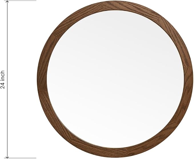 ARIEL Round Wooden Mirror 24" in Brown Oak, Wood Circle Wall Mirror for Bathroom, Vanity, Entryway & Living Room Decor, Farmhouse Style