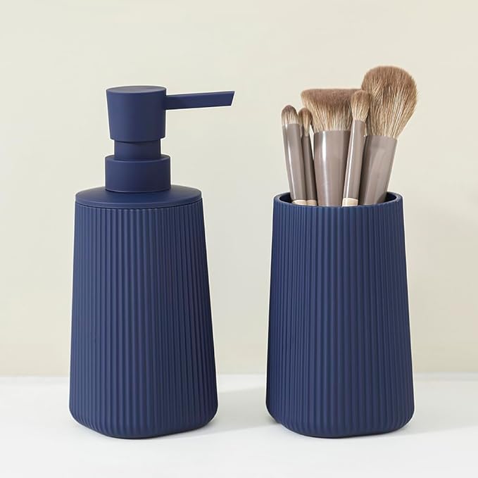 YAUKPH Bathroom Accessories Set 2 Piece Soap Dispenser and Toothbrush Holder for Bathroom Countertop Striped Blue