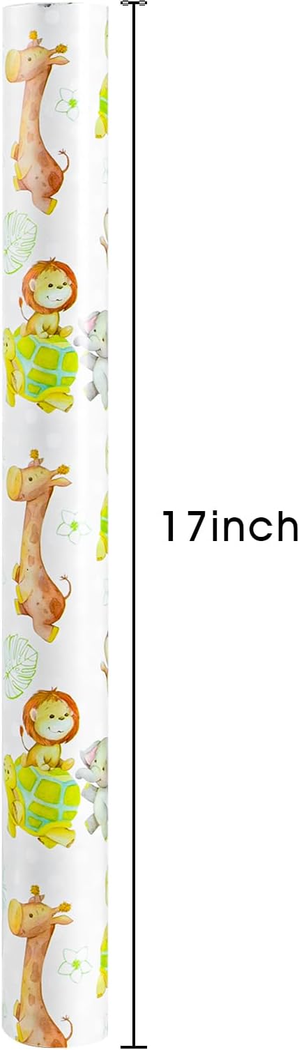 HOMERAL Baby Shower Wrapping Paper Roll - Jungle Animal Design - 17 Inch x 32.8 Feet (46.8 sq.ft) Green Gift Wrap with Lion, Elephant, Turtle, Giraffe, Zebra, Perfect for Baby Boy & Girl, Birthday, Gender Reveal, Holidays