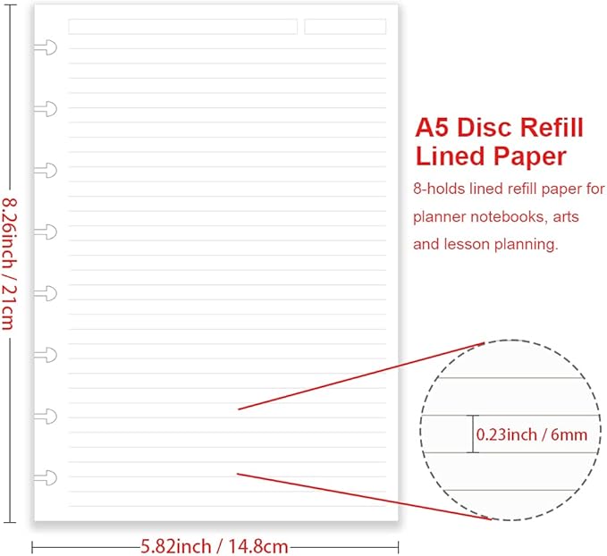 (3 Pack) A5 TUL Discbound Lined Refill Paper, Junior Size 8 Disc Disbound Notebooks, 300Sheets/600Pages, 100gsm White Paper, 5.8'' x 8.2''
