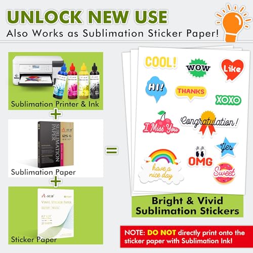 A-SUB 55 Sheets Vinyl Sticker Paper for Inkjet Printer - Glossy Printable Vinyl 8.5x11 Inch Waterproof Sticker Paper for DIY Any Decal You Like