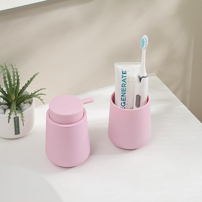 YAUKPH Matte Pink Bathroom Accessories 2 Piece Set Plastic Soap Dispenser and Toothbrush Holder for Modern Bathroom Decor