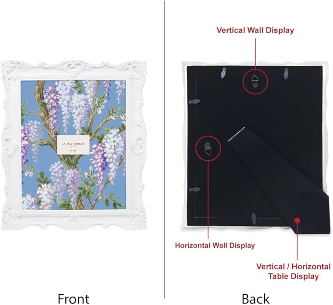 Laura Ashley 8x10 White Ornate Textured Hand-Crafted Resin Picture Frame with Easel & Hook for Tabletop & Wall Display, Decorative Floral Design Home Décor, Photo Gallery, Art, More (8x10, White)