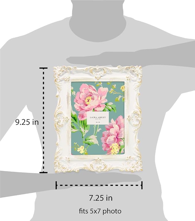 Laura Ashley 5x7 White & Gold Ornate Textured Hand-Crafted Resin Picture Frame w/Easel & Hook for Tabletop & Wall Display, Decorative Floral Design Home Décor, Photo Gallery, Art (5x7, White/Gold)