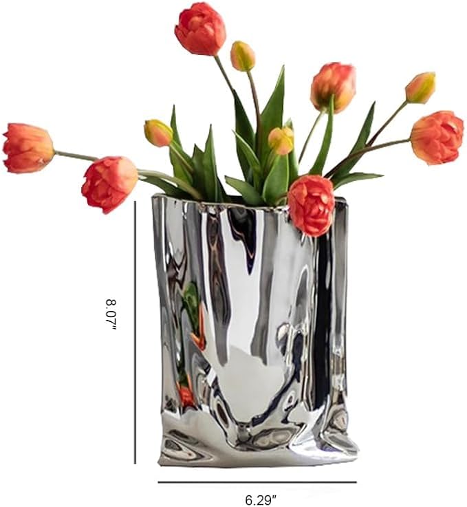 Ceramic Silver Flower Vase, Crinkle Paper Shape, Metal Decorative Home Accent (Large)