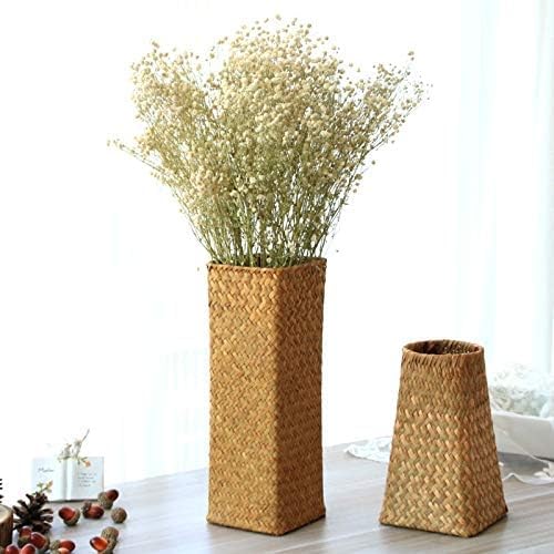 Natural Seaweed Weave Basket Pastoral Rattan Vase Bamboo Weaving Room Flower Arranger Gypsophila Dried Flower Vase Decoration (B)