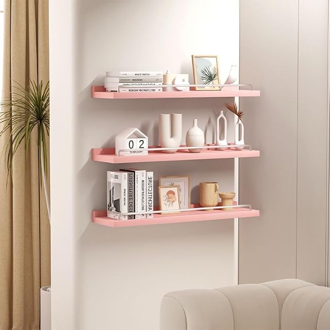 RYOFOBETTO 22 inches Long Floating Shelves, Bathroom Decor Shelves Over Toilet, Farmhouse Wall Shelves for Living Room, Bedroom, Picture Frames, Plants, Kitchen, Set of 3 (Pink and White)