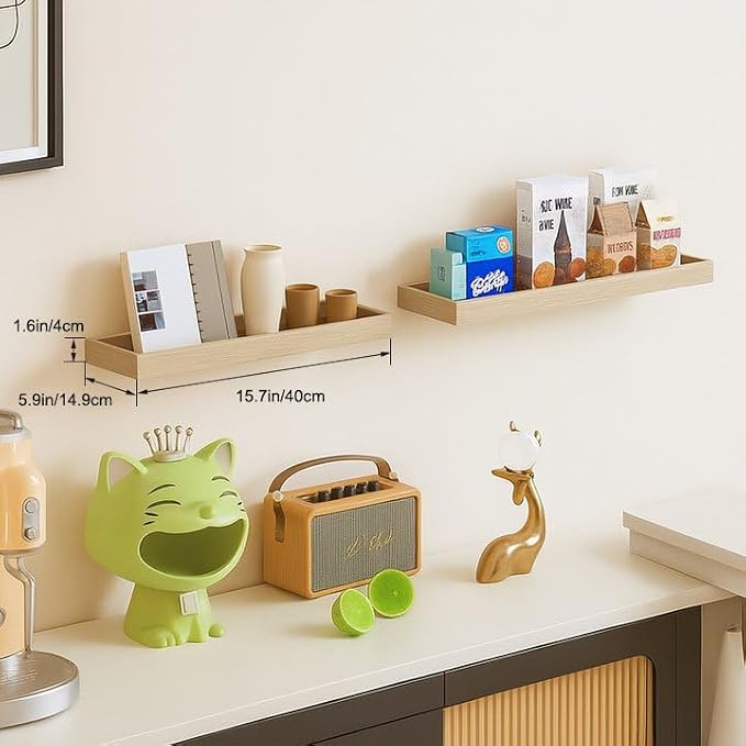 Oak Floating Shelves with Raised Lip, Wooden Wall Shelves for Bedroom Living Room Kitchen, Modern Bathroom Shelves for Wall, Decor Floating Shelves for Storage Display (Set of 2, 15.7 Inch)