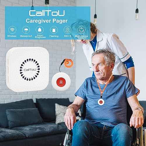 CallToU Caregiver Pager Call Button Elderly Wireless Call Button Vibration Pager Nurse Calling Alert System for Home Elderly Disabled Patient 2 Transmitters 1 Plug-in Receiver