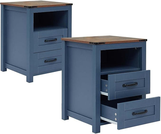 Farmhouse Night Stand Set of 2, Rustic Blue Nightstand for Bedroom, End Tables Without Charging Station, Bedside Table with Drawers, Wood Bedside Cabinet Dresser
