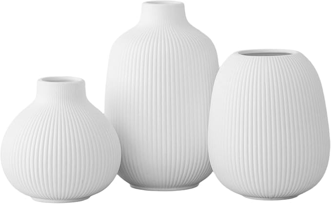 3Pcs Ceramic Vases, Ribbed Vase Set, Minimalist White Home Decor for Farmhouse, Coffee Table, Bookshelf Ceramic Vase