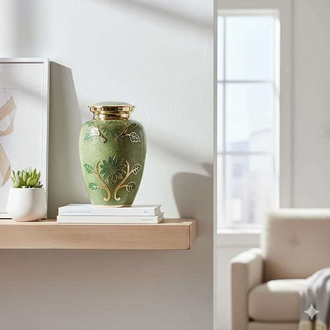 Green Garden Brass Large Cremation Urn | Unique Brass Funeral Urn with Gold & Green Enamel Details | Large