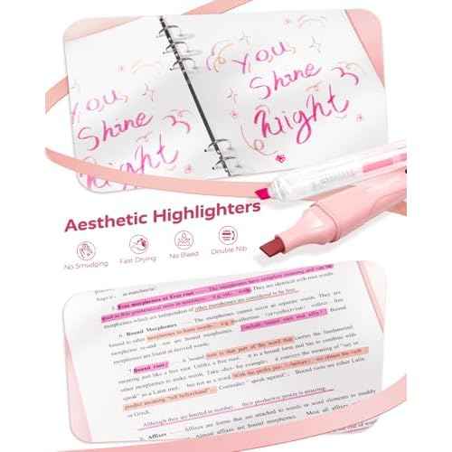 Four Candies Pink School Supplies with Case, Gel Pens with Black Ink, Correction Tapes, Pastel Highlighters, Mechanical Pencils, Sticky Notes, Index Post for Bible Study Stationary College Essentials