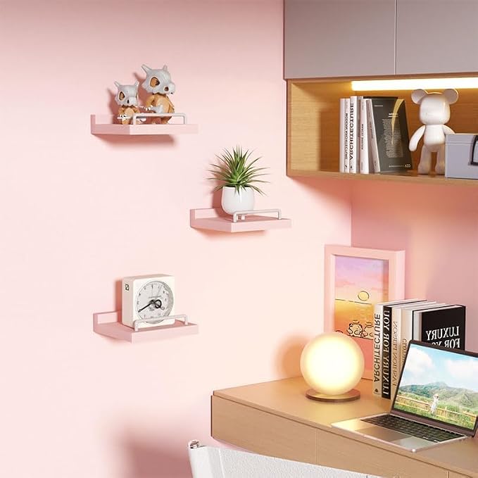 RYOFOBETTO Small Floating Shelf, 6X6 Inches Farmhouse Wall Shelves for Living Room, Bedroom, Picture Frames, Plants, Kitchen, Set of 3 (Pink and White)