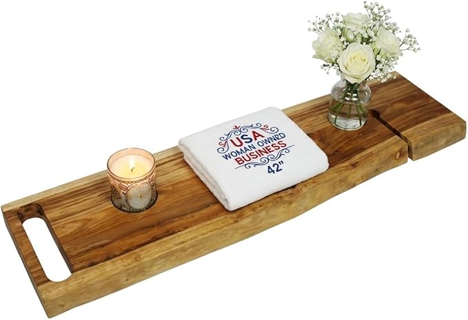 EcoDecors Eleganto 42" Live Edge Solid Teak Bath Caddy Tray with Handle, Book & Tablet Holder, Wine Glass Holders, Luxury Bathtub Tray