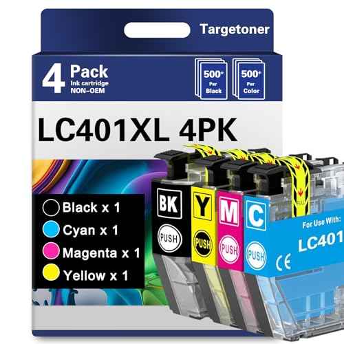 LC401XL LC401 High Yield MFC-J1010DW Ink Cartridges Replacement LC401XL LC401 XL Ink 4 Pack Compatible for Brother MFC-J1010DW MFC-J1012DW MFC-J1170DW Upto 500 Pages Black Cyan Magenta Yellow