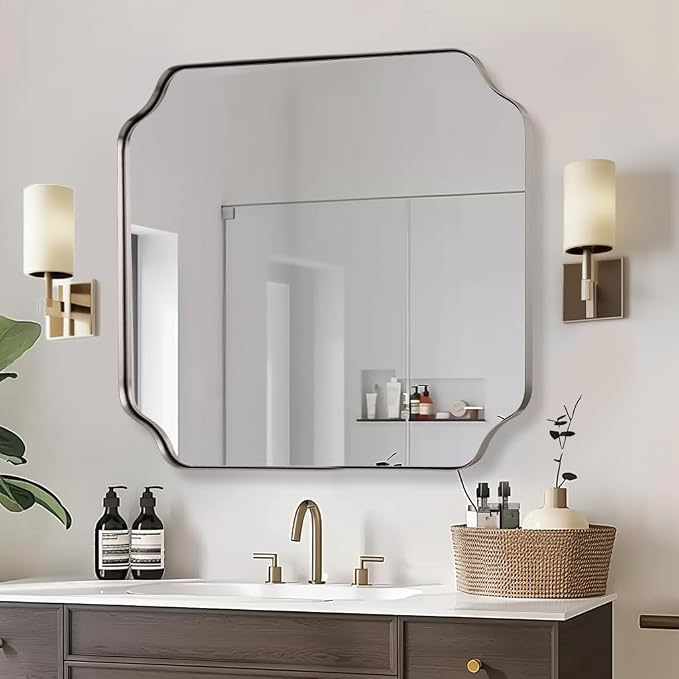 ANDY STAR 30"x30" Brushed Nickel Square Mirror, Silver Bathroom Mirror for Over Sink, Modern Scallop Mirror in Anti-Rust Stainless Steel Frame, Unique Notched Corner Design, Ideal for Home Remodel