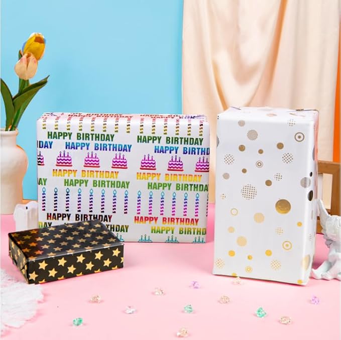 Linnoptimix Birthday Wrapping Paper Rolls -3 LARGE ROLL-27inch*78 inch per roll Colorful Foil White Black wrapping paper(Birthday 1 White/Gold&1 Black/Gold &1White/Colorful Foil（013）)