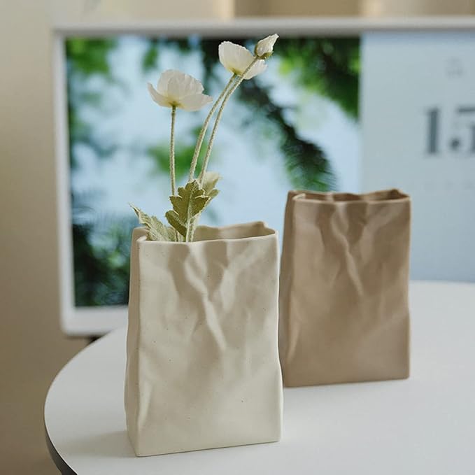 Crinkle Paper Bag Shape Ceramic Vase, Large Capacity for Flower Arrangement, Bookshelf Decorative (Coconut Café)