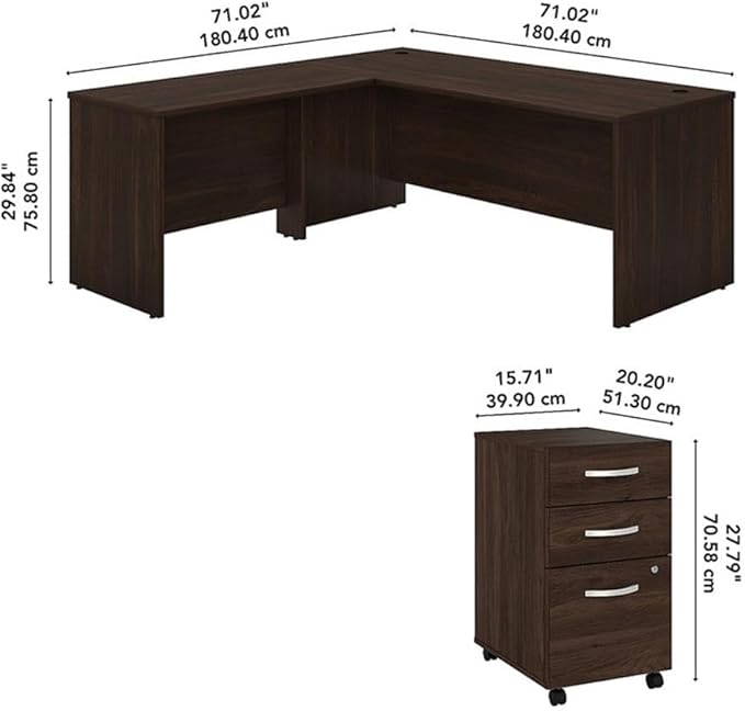 Bush Business Furniture Studio C L Shaped Desk with Mobile File Cabinet and Return, 72W x 30D, Black Walnut