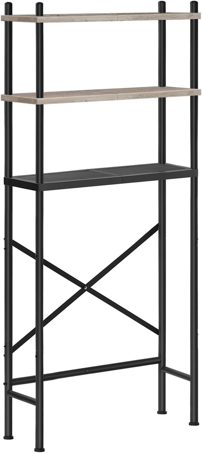 HOOBRO Over the Toilet Storage, 3-Tier Over Toilet Bathroom Organizer, Freestanding Above Toilet Shelf with Adjustable Feet, Space Saving, Easy Assembly, Greige and Black BG63TS01