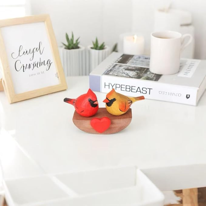Handmade Wooden Cardinal Figurines on Heart Base - Set of 3 Hand-Carved Male & Female Red Bird Statues - Romantic Couples Gift for Anniversary, Valentine's Day, Wedding & Home Decor Accents