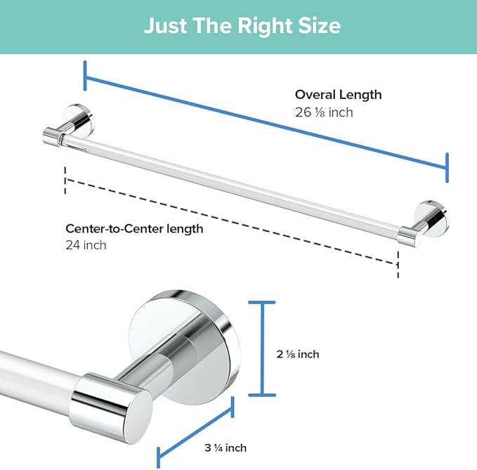 Gatco 5710 Clarion Towel Bar | 24" L Bathroom Towel Rack, Wall Mount Bathroom Towel Holder | Crystal-Clear Acrylic & Chrome Finish