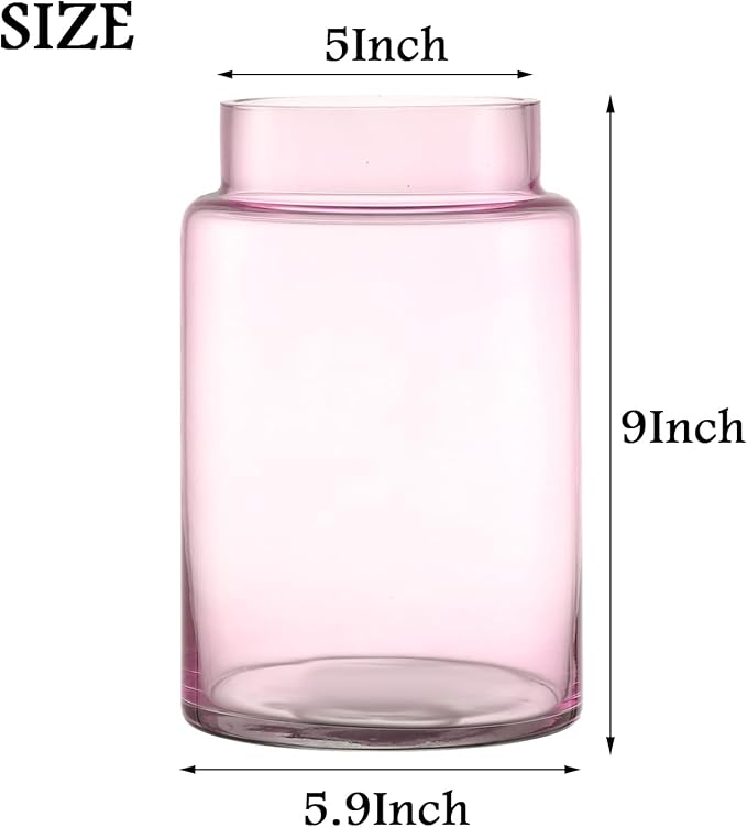 Large Glass Vase, 9 Inch Flower Vase, Glass Flower Vase for Bouquet, Wide Mouth Vase for Flowers, Pink Tall Vases, Large Vases for Home, Wedding, Living Room, Office Decor