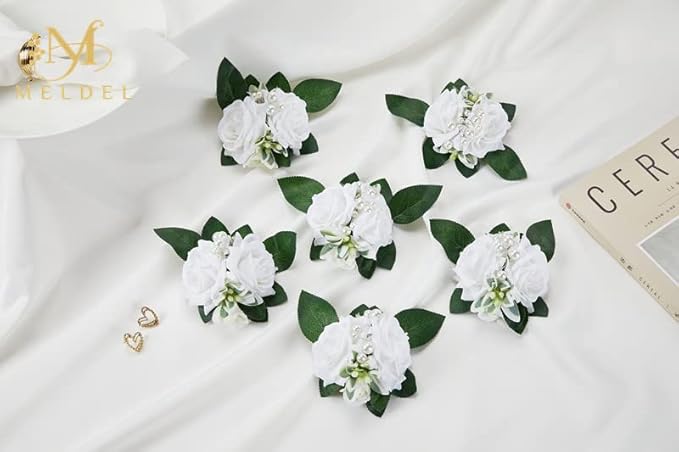 Meldel White Corsage and Boutonniere Set,Set of 2,Rose Wrist Corsage Wristlet Bracelet for Bride Bridesmaid Girls,Boutonniere for Men,Groomsmen and Groom Boutonniere for Wedding,Prom,Homecoming,Party