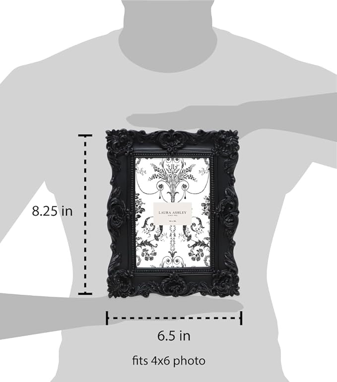 Laura Ashley 4x6 Black Ornate Textured Hand-Crafted Resin Picture Frame with Easel & Hook for Tabletop & Wall Display, Decorative Floral Design Home Décor, Photo Gallery, Art, More (4x6, Black)