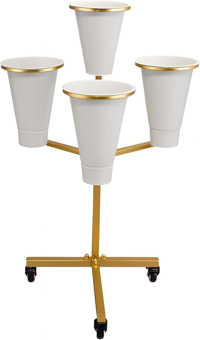 Flower Display Stand with Buckets - Flower Cart with Wheels for Bouquet Shop, Metal Flower Rack Display Stand for Wedding Garden, Party, Events (Gold, Round buckets)