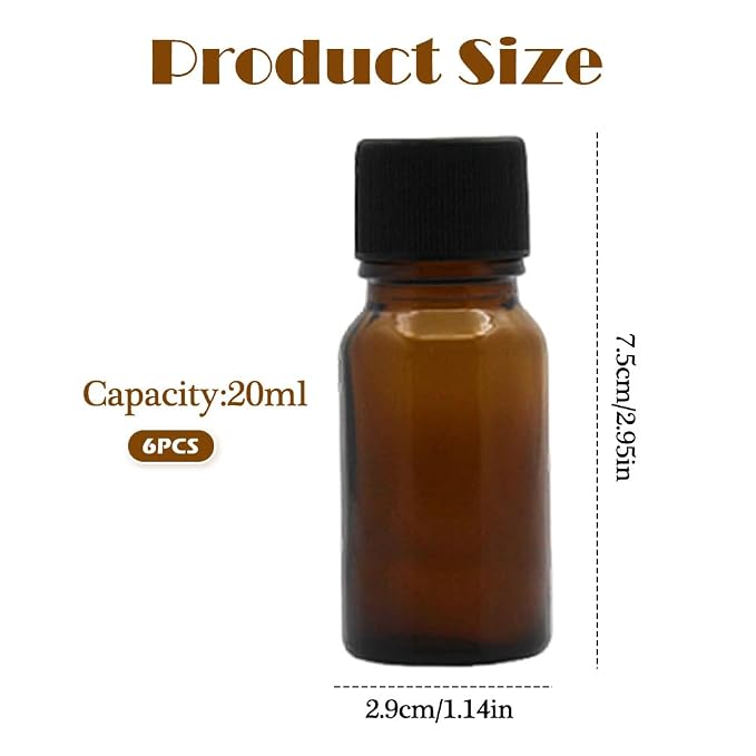 6Pcs Amber Glass Essential Oil Bottles with Orifice Reducer and Black Cap Empty Cosmetic Perfume Aromatherapy Storage Container Vial Pots Portable Refillable size 20ml/0.67oz