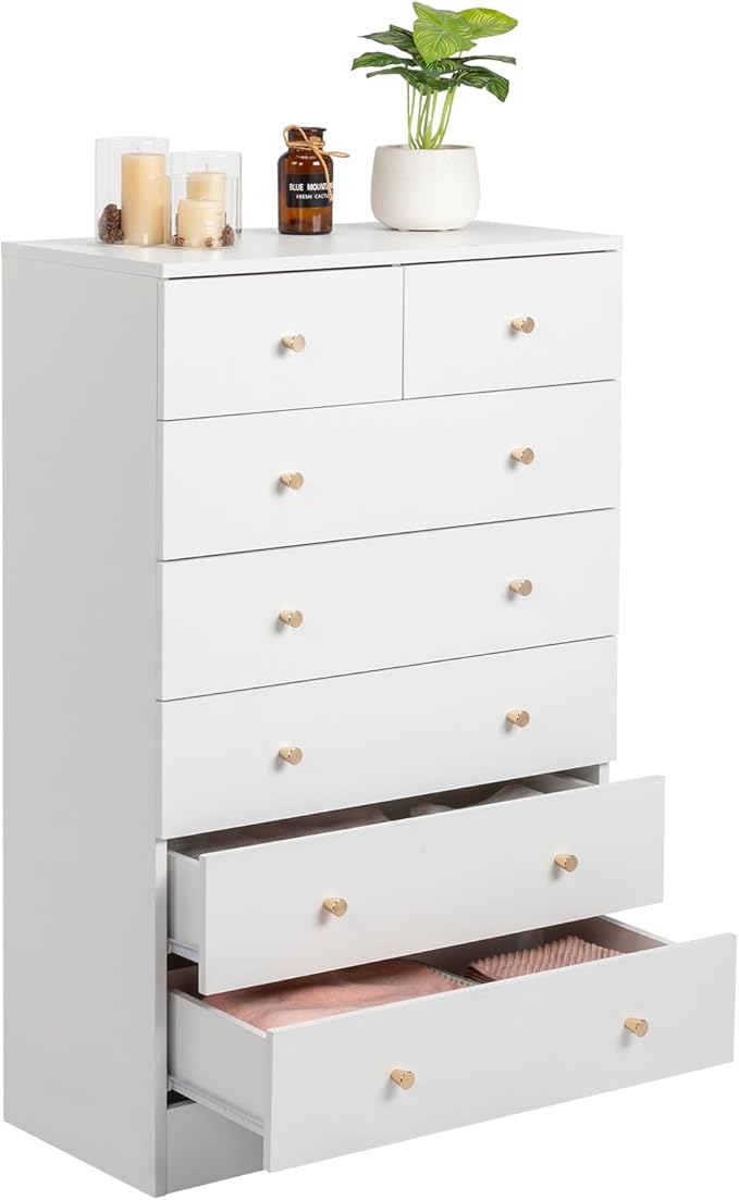 Karl home White 7 Drawer Dresser for Bedroom, Tall Dresser Chest of Drawers, Wood Bedroom Dressers Clothes Organizer, Anti-Tipping Device, Rose Gold Metal Handle, Living Room, Entryway, Office
