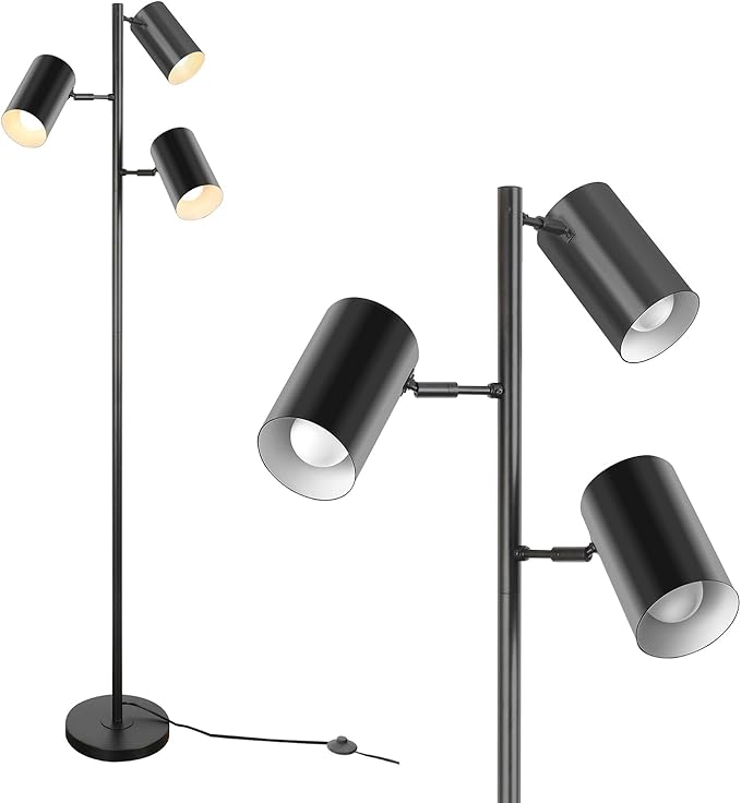 Tree Floor Lamp with 3 Light Bulbs,Black Standing Tall Pole Lamp with 3 Adjustable Rotating Lights,Farmhouse Floor Lamp for Living Room Bedroom Office,Vintage Standing Lamp 9W E26 LED Bulbs Included.