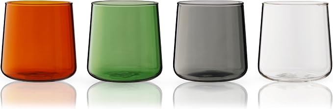Viski Aurora Tumblers Colored Wine Glasses - Tinted Fun Cocktail Glasses in Clear, Grey, Green, and Amber - Dishwasher Safe 10.5 Oz Set of 4