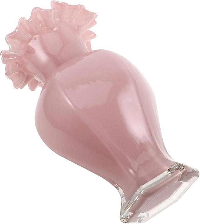 Pearlescent Pink Glass Decorative Vase with Artistic Curved Rim Handblown Artistic Planter for Flower Bouquets Unique Home Accent for Living Dining Table Office and Wedding Decor