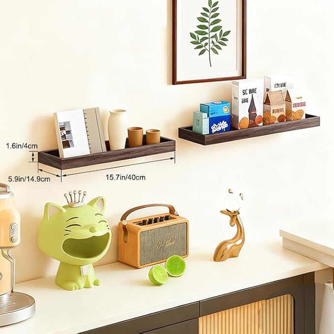 2 Pack 15.7 in Smoke Gray Floating Shelves for Wall, Wooden Wall Shelves for Bedroom Living Room Kitchen, Modern and Rustic Bathroom Shelves with Raised Lip, Floating Shelf for Storage Display