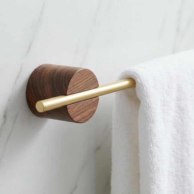 Towel Bar for Bathroom Wall, Towel Holder 20 Inch, Gold Aluminium, No Drill Adhesive or Screw Mount, Modern Minimalist Towel Rack, Kitchen & Bathroom, Wall Mounted, Wood-Look Base