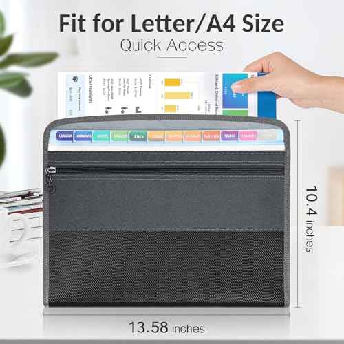 Sooez Accordion File Organizer with Safe Zipper, 8 Pocket Expanding File Folder with Front Pencil Pouch, Portable Monthly Paper Bill Tax Receipt Organizer, School Office Supplies, Letter Size, Grey